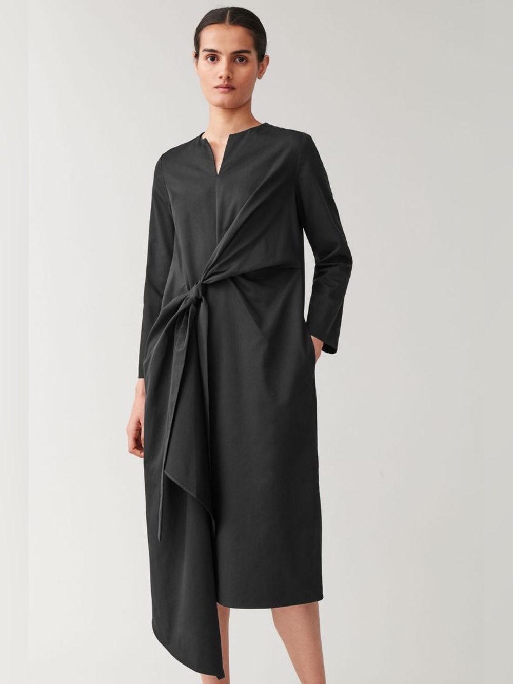 COS Draped Tied Cotton-Mix Midi Dress Black Asymmetrical Tie Waist Minimalist